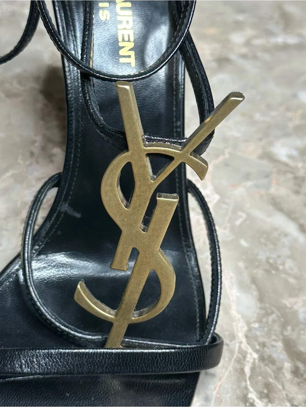 Saint Laurent Black Leather Heeled Sandals with Gold YSL Monogram - Picture 6 of 16